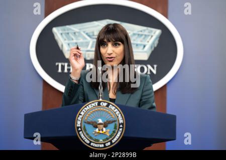 Pentagon Deputy Press Secretary Sabrina Singh holds a press briefing in the Pentagon Press Briefing Room, Washington, D.C., Jan. 19, 2023. Stock Photo