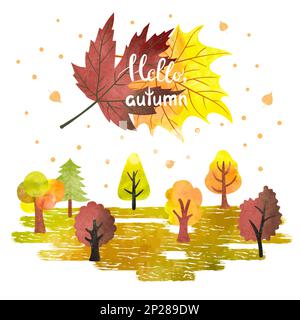 Watercolor autumn forest poster, banner. Colorful trees and leaves. Hello autumn lettering. Vector illustration. Stock Vector