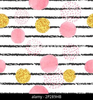 Seamless striped and dotted pattern with pink, black and golden circles. Vector abstract background with round shapes. Stock Vector