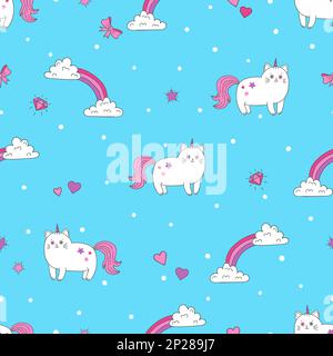 Seamless pattern with cats unicorns and rainbow. Vector background for kids design. Stock Vector