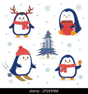 Cute penguins set. Merry Christmas and Happy New Year greetings. Vector illustration. Stock Vector