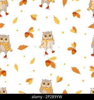 Autumn seamless pattern with cute owls and oak leaves. Vector fall background. Stock Vector