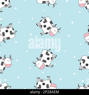 Seamless pattern with doodle cartoon cows. Vector background. Stock Vector