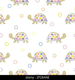 Seamless pattern with cute cartoon tortoise. Vector colorful background with turtles for kids. Stock Vector