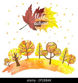 Watercolor abstract autumn forest background. Colorful trees and leaves. Hello autumn lettering. Vector illustration. Stock Vector