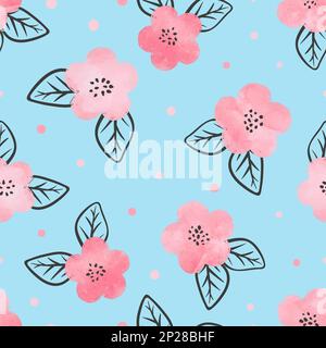 Seamless floral pattern with watercolor pink flowers and black leaves on blue. Stock Vector
