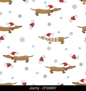 Seamless pattern with cute dachshund in Christmas hat. Vector holiday background. Stock Vector