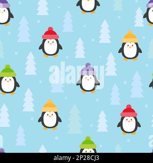 Cute cartoon penguins seamless pattern. Vector winter background. Stock Vector