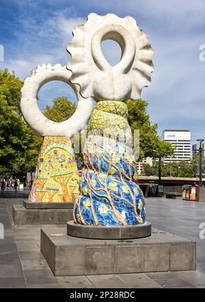 Melbourne, Australia - 21 January 2023: The Guardians sculpure on the Southbank in Melbourne CBD. Created by artist Simon Rigg in 1997. Stock Photo