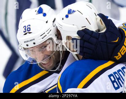 St. Louis Blues (L to R) Alexander Steen, Kyle Brodziak and Troy Brouwer  watch warmups as they wear camo jerseys to celebrate Military Appreciation  Week before a game against the Buffalo Sabres