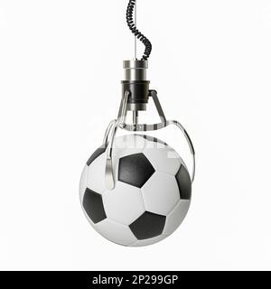 Robotic metal claw hold Soccer ball. Isolated on a white background. 3d rendering Stock Photo