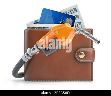 Wallet or purse with money, credit card and gas pump nozzle. 3d illustration Stock Photo