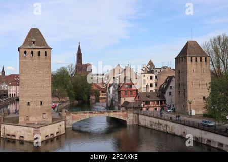 The medieval bridge Ponts Couverts in Strasbourg, France Stock Photo
