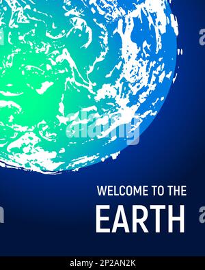Futuristic space planet poster background. Textured cosmic celestial body in deep blue sky. Cosmic party banner template. Vector illustration. Planet Stock Vector