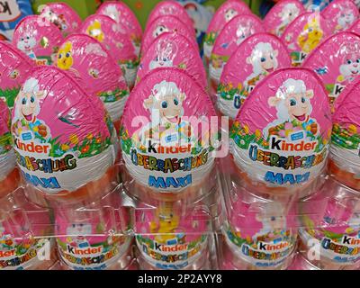 chocolate easter eggs by Kinder in a supermarket Stock Photo