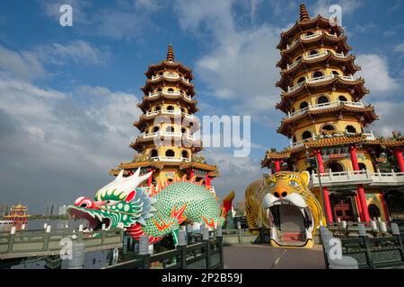 Kaohsiung, Taiwan - February 9, 2023: Dragon and Tiger Pagodas is a temple located on Lotus Lake in Kaohsiung, Taiwan Stock Photo