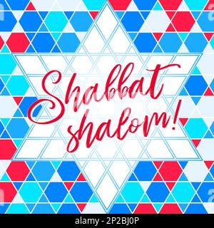 Colorful Shabbat shalom greeting card, vector illustration. Jewish religious Sabbath congratulations in Hebrew. Abstract geometric mosaic pattern back Stock Vector