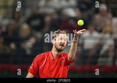Dubai, UAE, 4th.March, 2023. Russian tennis players at the trophy  presentation, Winner Daniil Medvedev (red shirt) and runner-up Andrey  Rublev at the Dubai Duty Free Tennis Championships tournament at Dubai Duty  Free