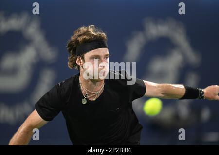 DUBAI, UAE, 4th March 2023. 2022 champion Andrey Rublev in action during  the men's singles final of the Dubai Duty Free Tennis Open Championships.  3rd seed Daniil Medvedev defeated Rublev 6-2, 6-2