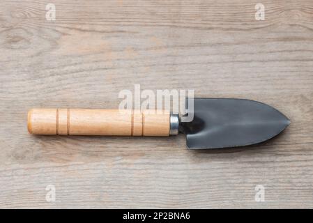Potting hand spade shovel gardening trowel tool wooden background cactus Stock Photo
