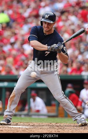 Milwaukee, WI, USA. 9th May, 2015. Milwaukee Brewers first baseman Jason  Rogers #15 hits his first Major League home run in the Major League  Baseball game between the Milwaukee Brewers and the