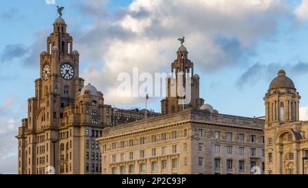 Royal Liver Building with 2 clock faces which are 25ft (7.5m) in diameter to allow passing ships to tell the time.  The two infamous Liver Birds are b Stock Photo