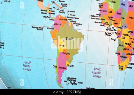 South America continent with Brazil, Argentina, Chile and other countries surrounded by Atlantic and Pacific oceans, with parts of Africa from the wor Stock Photo