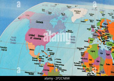 North America continent with USA, Canada and Mexico surrounded by Atlantic and Pacific oceans, with parts of Africa, Europe and South America from the Stock Photo