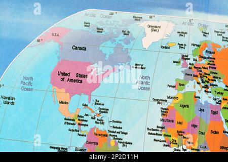 North America continent with USA, Canada and Mexico surrounded by Atlantic and Pacific oceans, with parts of Africa, Europe and South America from the Stock Photo