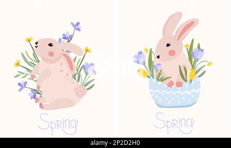 Composition with a cute rabbit, spring flowers, green leaves on the inscription spring. Bright compositions for posters, banners, cards, Easter, spring holidays. Vector graphics. Stock Vector