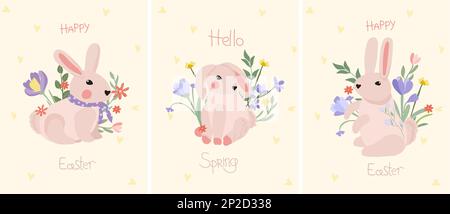 Composition with a cute rabbit, spring flowers, green leaves on the inscription spring. Bright compositions for posters, banners, cards, Easter, spring holidays. Vector graphics. Stock Vector