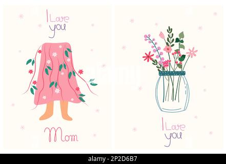 Bright compositions, a bouquet of wildflowers in a jar and a silhouette of a woman's skirt with flowers and leaves. Can be used as greeting cards, banners, cards, posters Stock Vector