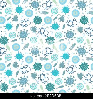 Bacteria and germs seamless pattern. Hand drawn green and blue microorganisms. Stock Vector