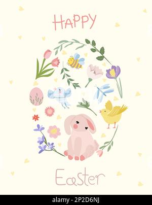 Happy Easter, Easter egg with bright flowers, cute rabbit, chickens. Spring flowers. Concept of holiday, joy, happiness. Ideal for banners, cards, posters, stickers. Vector illustration Stock Vector