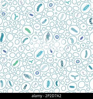 Microbe seamless pattern. Molecules, cells of virus, bacteria in bubbles on white background Stock Vector