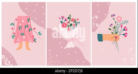 Bright compositions, the hand that will receive a bouquet of wildflowers and the silhouette of a woman's skirt with flowers and leaves. Can be used as greeting cards, banners, cards, posters. Stock Vector