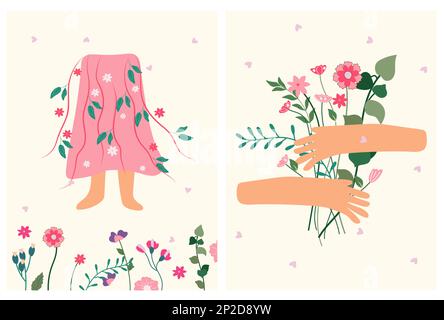 Bright compositions, a hand embracing a bouquet of wildflowers and a silhouette of a woman's skirt with flowers and leaves. Can be used as greeting cards, banners, cards, posters. Vector illustration. Stock Vector