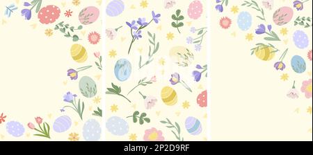 Easter greeting card with colorful, bright Easter eggs, spring flowers and leaves. Bright illustrations are ideal for banners, cards, posters, stickers. Vector illustration. Stock Vector