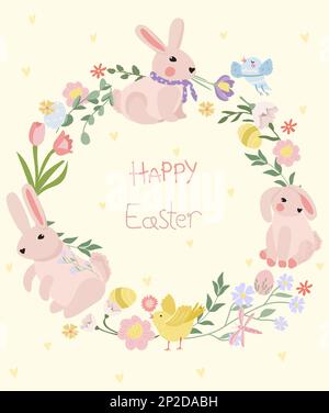 Happy Easter, greeting card with a wreath of bright flowers, eggs, cute rabbit, chickens. Spring flowers. Concept of holiday, joy, happiness. Ideal for banners, cards, posters, stickers. Vector Stock Vector
