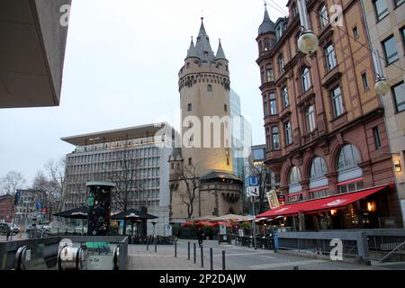 Eschenheimer Turm, late-medieval city gate tower, erected at the beginning of 15th century, view in the early evening light, Frankfurt, Germany Stock Photo
