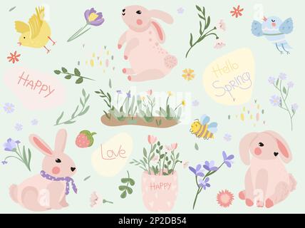 Spring composition with a cute rabbit, chickens, a bouquet of flowers, a bird, green leaves on the inscription spring. Bright compositions for posters, banners, cards, Easter, spring holidays. Vector Stock Vector