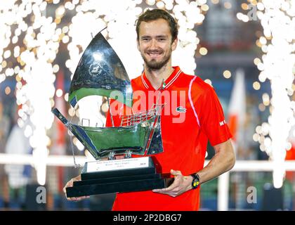 DUBAI, UAE, 4th March 2023. Action from the men's singles final of the Dubai  Duty Free Tennis Open Championships. 3rd seed Daniil Medvedev defeated  defending champion Andrey Rublev 6-2, 6-2 Credit: Feroz