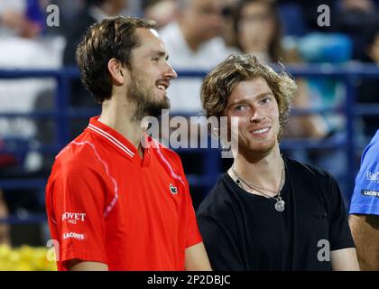 DUBAI, UAE, 4th March 2023. Action from the men's singles final of the Dubai  Duty Free Tennis Open Championships. 3rd seed Daniil Medvedev defeated  defending champion Andrey Rublev 6-2, 6-2 Credit: Feroz