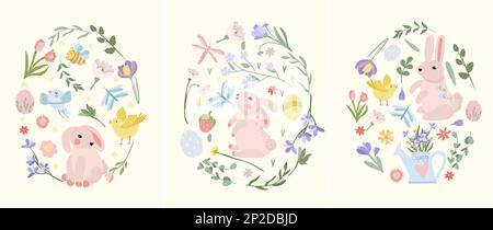 Easter egg from bright flowers, eggs, cute rabbit, chickens. Spring flowers. Concept of holiday, joy, happiness. Ideal for banners, cards, posters, stickers. Vector illustration Stock Vector
