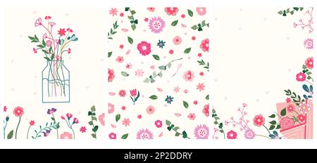 A combo of postcards with a bouquet of flowers in a jar, flowers inside an envelope. Floral cards for celebrating birthdays, weddings, Mother's Day, spring, etc. Vector illustration Stock Vector