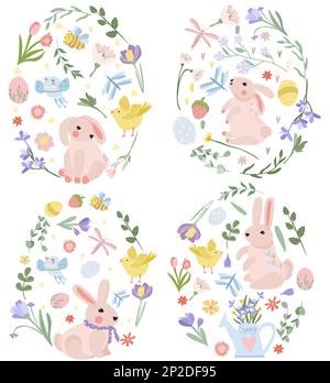 Easter egg from bright flowers, eggs, cute rabbit, chickens. Spring flowers. Concept of holiday, joy, happiness. Ideal for banners, cards, posters, stickers. Vector illustration Stock Vector