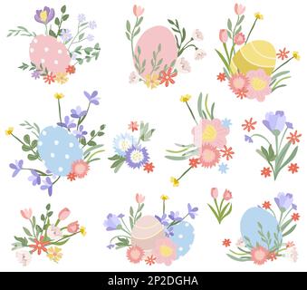 Compositions with bright Easter eggs, colored flowers, leaves. Concept of holiday, joy, happiness. Spring flowering. Vector graphics. Stock Vector