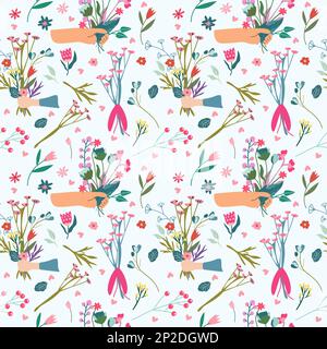 Seamless pattern with a hand giving a bouquet of wild flowers, berries, leaves, hearts around. Floral pattern can be used as textile, fabric, wallpaper, banner, etc. Vector Stock Vector