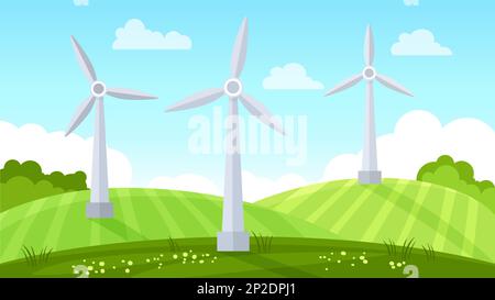 Wind turbine in a field. Eco Green Energy concept. Vector illustration in flat style Stock Vector