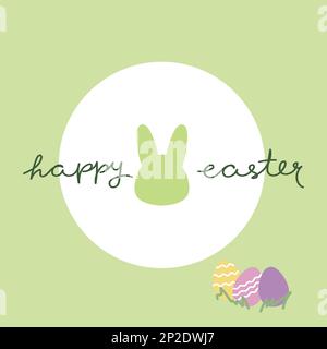 Cute simple Happy Easter logo with festive eggs and bunny silhouette on bright green circle background. Handwritten text isolated on white background Stock Vector